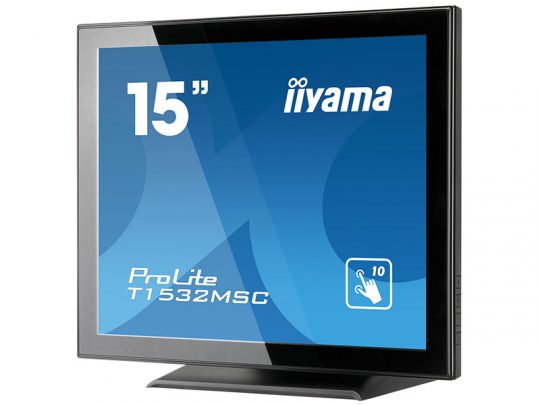 15-inch iiyama ProLite T1532MSC touchscreen monitor angled to the right, displaying a blue screen with iiyama branding; features a sleek black frame and designed for interactive use.