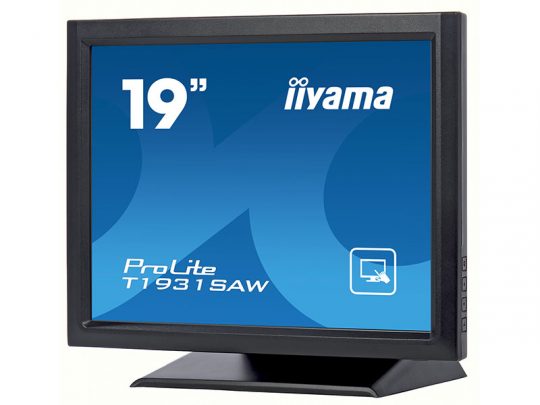 19-inch iiyama ProLite T1931SAW black monitor with stand, showing a blue screen displaying the brand name, model, and size; control buttons are visible on the right side of the frame.