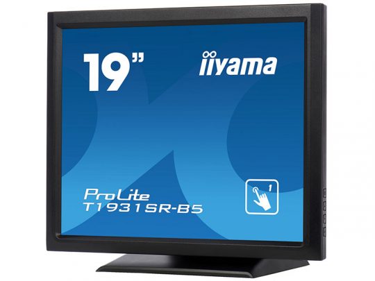 19-inch iiyama ProLite T1931SR-B5 touchscreen monitor shown at an angle with a blue screen displaying the model name and a touchscreen icon; control buttons are visible on the right side.