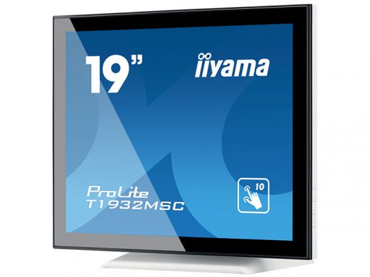 19-inch iiyama ProLite T1932MSC touchscreen monitor angled to show its slim design, with a blue display screen displaying the model name and a touch icon.