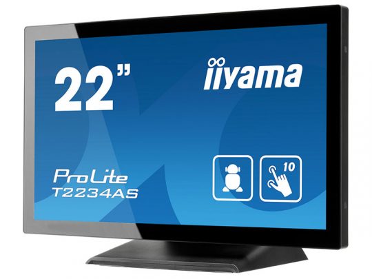 22-inch iiyama ProLite T2234AS touchscreen monitor angled to show its blue multi-touch display with user interaction icons.