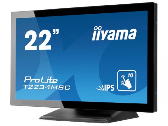 22-inch iiyama ProLite T2234MSC monitor angled on a stand, blue screen shows size, model name, IPS technology, 10-point touch feature, and iiyama logo.