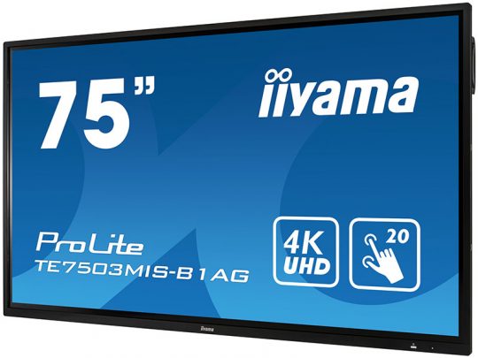 Iiyama TE7503MIS-B1AG 75 Inch Multi Touch Display, featuring a sleek black frame, 4K UHD resolution screen, and support for up to 20 simultaneous touch points—ideal for classrooms or meeting rooms requiring an interactive display.