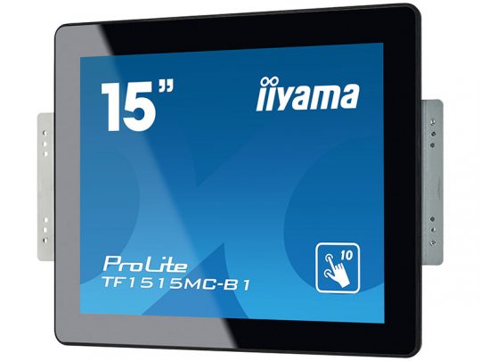 Front view of a 15-inch iiyama ProLite TF1515MC-B1 touchscreen monitor with black frame and visible side mounting brackets; screen shows the model name and a 10-point multi-touch icon.