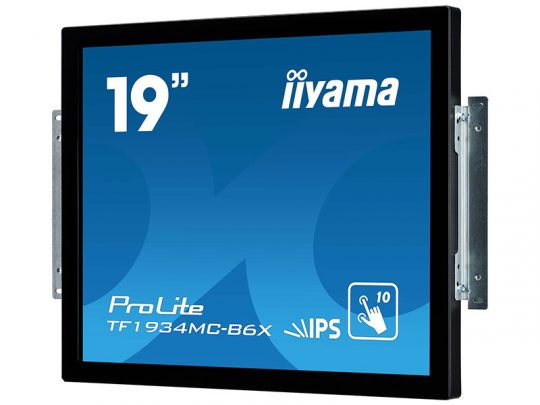 19-inch iiyama ProLite TF1934MC-B6X touchscreen monitor displaying a blue screen with product specifications and icons highlighting IPS technology and 10-point multi-touch support.