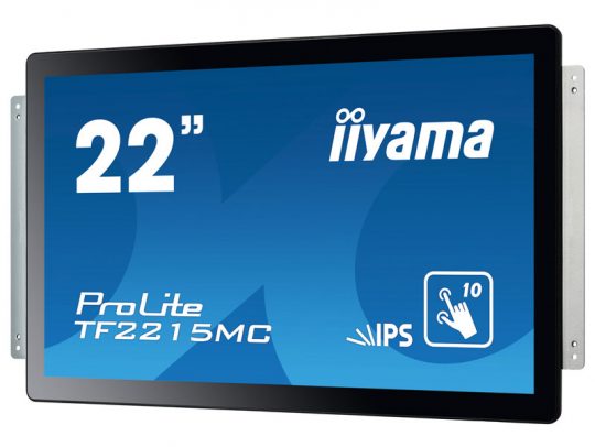 22-inch iiyama ProLite TF2215MC touchscreen monitor with IPS display, shown at an angle highlighting the screen and side mounting brackets. The monitor screen displays icons for IPS technology and 10-point multitouch capability.