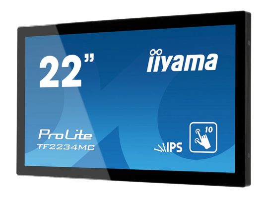 Front-side view of a 22-inch iiyama ProLite TF2234MC touchscreen monitor with IPS technology, featuring a blue screen displaying app icons and iiyama branding.