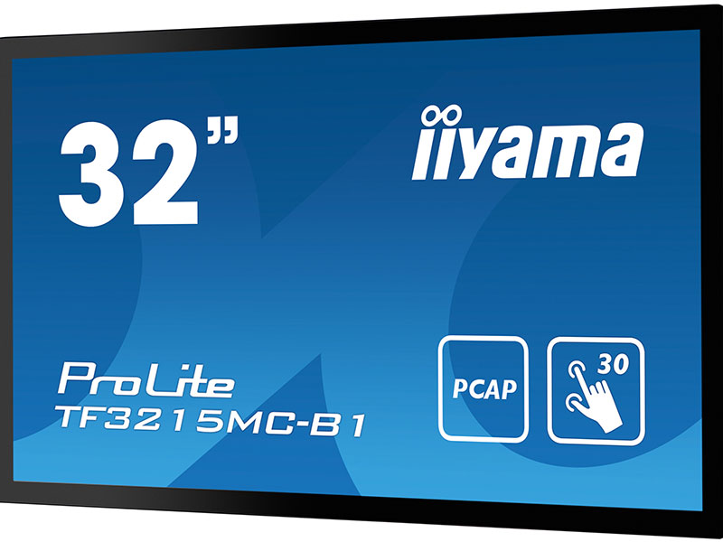 32-inch iiyama ProLite TF3215MC-B1 touchscreen monitor with PCAP technology, displayed at an angle against a blue background with white text on the screen.