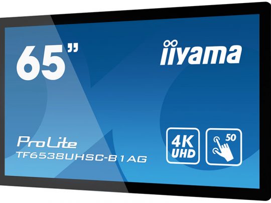 65-inch iiyama ProLite TF6538UHSC-B1AG 4K UHD touchscreen display shown on a blue background, featuring touch and 4K icons. The screen has a sleek black frame and is designed for interactive or professional use.