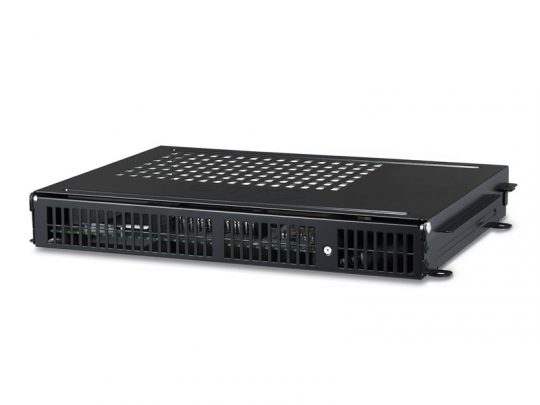 LG WP400 Signage Box – black, rectangular rackmount chassis with vented front and top panels for airflow, designed to house computer components; shown at an angle with side mounting brackets for easy installation.