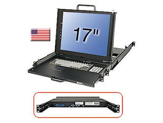 Lindy 21617 17 Zoll KVM Terminal PRO US shown installed in a server rack, open with its built-in keyboard and touchpad visible. The display features a small US flag icon near the screen, and the rear view highlights various connection ports.