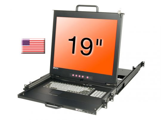 Lindy 21625 19 Zoll KVM Terminal PRO US partially pulled out from a server rack, showing 19 and a US flag icon on its display screen.