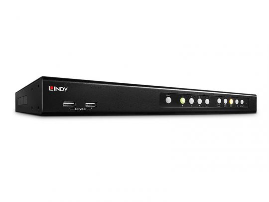 Lindy 32327 Quad View KVM Switch Pro in black, featuring multiple control buttons, indicator lights, and two front-facing USB ports, shown on a white background.