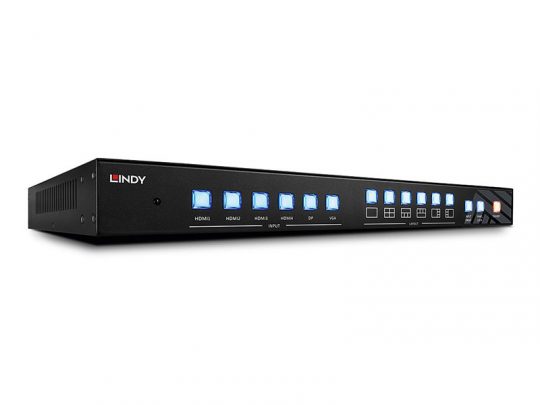 Lindy 38156 Multi AV Processor Switch (black) with blue-lit input buttons for HDMI, DisplayPort, and VGA, plus front control buttons; new electronic device designed for easy switching between audio-visual sources.