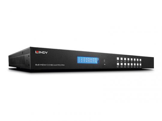 Lindy 38248 Matrix Switch Pro: Black 8x8 HDMI 2.0 (18G) matrix switch with a digital blue display, clearly numbered buttons, and intuitive front panel input/output controls for seamless AV switching.