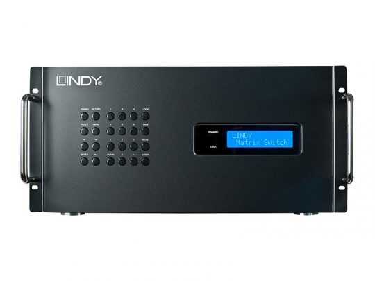 Lindy 38250 Matrix Switch body: A new, black rack-mountable unit featuring sturdy metal side handles, front control buttons, and a display screen reading “LINDY Matrix Switch.” Ideal for AV signal management.
