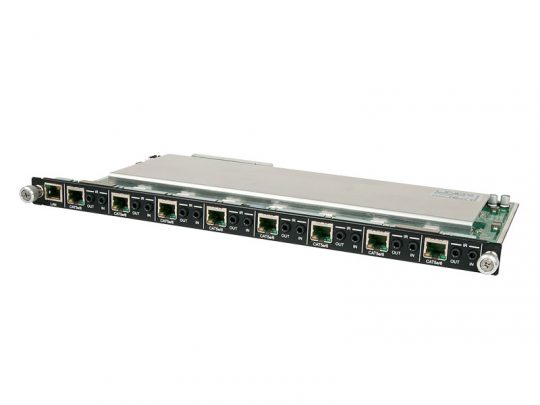 Lindy 38259 Extender Outputboard (new) shown with multiple Ethernet ports labeled LAN, OUT, CATxM, and CATxM IN on a green circuit board with a silver metal cover. Ideal for network extension and connectivity solutions.