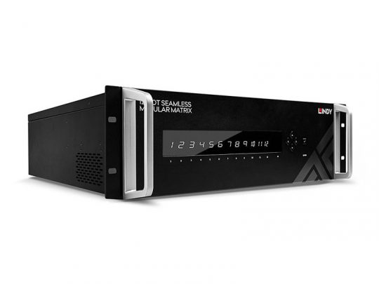 Lindy 38350 Modular Matrixbody switch—sleek black unit with silver side handles, digital display showing numbers 1–12, and Lindy 38350 branding on top right front panel. Ideal for professional AV signal management.