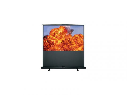 Optoma DP-1082MWL Canvas Pull-Up Projector Screen showing vivid orange and yellow flames bursting against a dark background; new product display.
