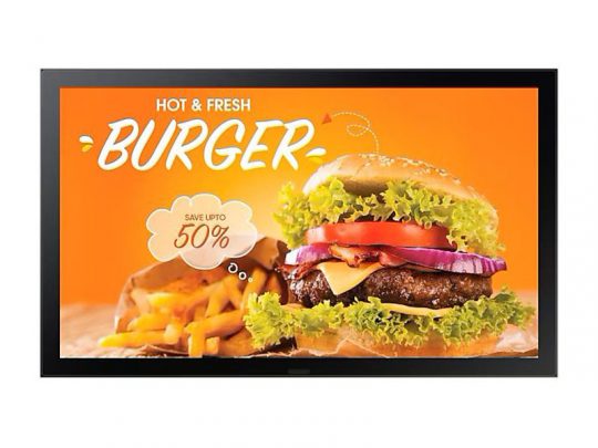 Digital ad featuring a juicy hamburger with lettuce, tomato, onions, and melted cheese next to golden fries. Text on orange background reads Hot & Fresh Burger and Save up to 50%. Perfect for burger lovers seeking fresh fast food deals.