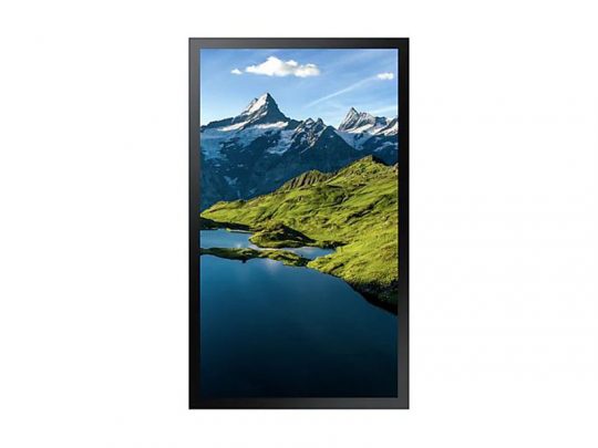 Framed wall art featuring a photograph of snow-capped mountains and lush green hills mirrored in a serene lake, with a clear blue sky and delicate wispy clouds above. Perfect landscape photo print decor for home or office.
