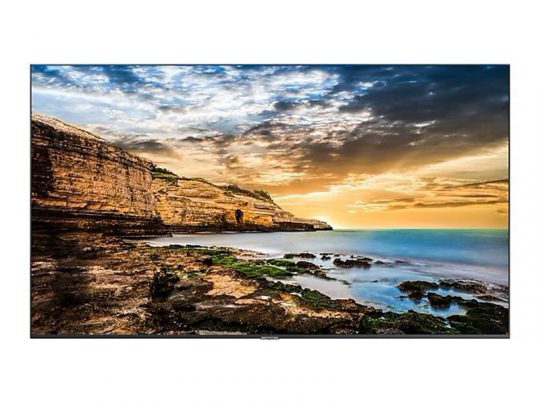 Samsung 4K Ultra HD Smart TV displaying a vibrant image of a rocky coastline at sunset, featuring dramatic clouds and the ocean, illustrating the television’s high-definition picture quality.
