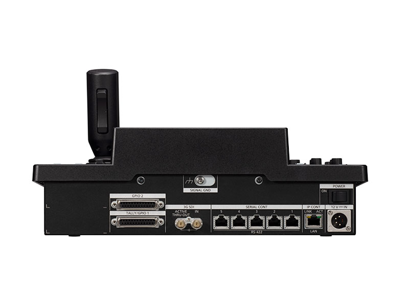 Rear view of the Panasonic AW-RP150GJ Remote Camera Control Unit for PTZ cameras (rental), displaying multiple connection ports including Ethernet, LAN, serial, tally/gpio, and power inputs. An antenna is positioned on the left side of the device.