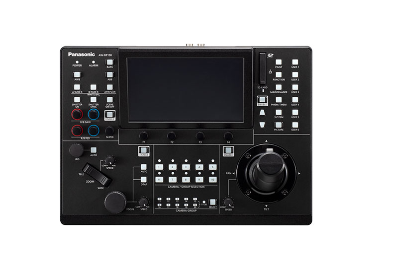 Black Panasonic AW-RP150GJ remote camera control unit for PTZ cameras shown on a white background, featuring a central touchscreen display, numerous buttons, dials, and dual joysticks for precise camera adjustments; available to rent.