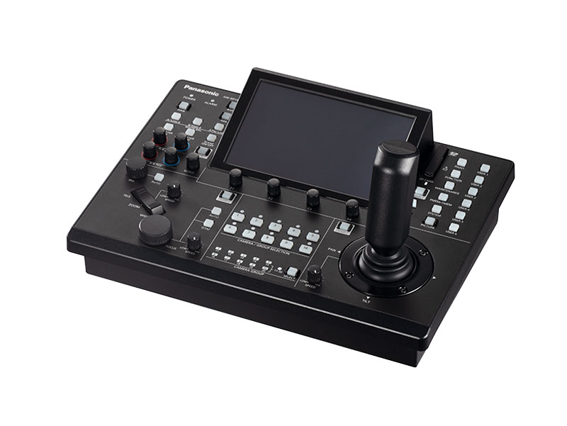 Panasonic AW-RP150GJ remote camera control unit in black, shown on a white background. The device features a large touchscreen display, numerous buttons, control dials, and a joystick for PTZ camera operation. Available for rent.