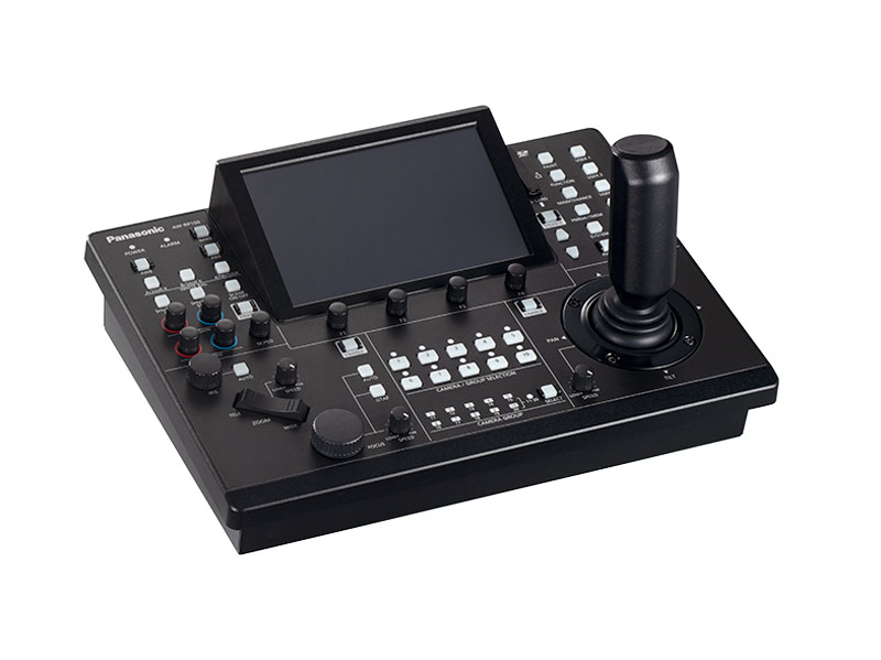Panasonic AW-RP150GJ remote camera control unit in black with a large touchscreen, various buttons, knobs, and a joystick for precise PTZ camera control—perfect for professional broadcasting or video production. Camera controller available for rent.