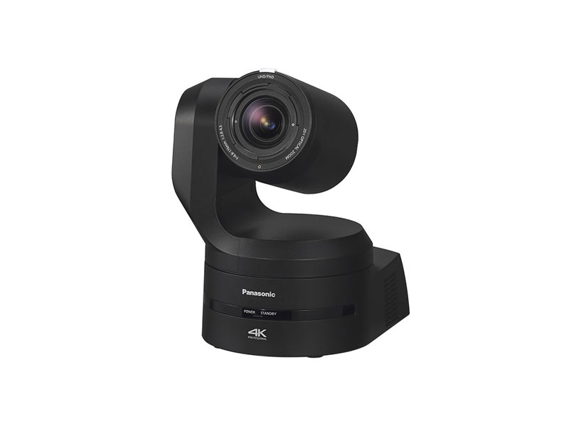 Panasonic 4K PTZ camera in black, featuring a wide lens and compact design for professional video recording and live streaming, displayed on a plain white background.