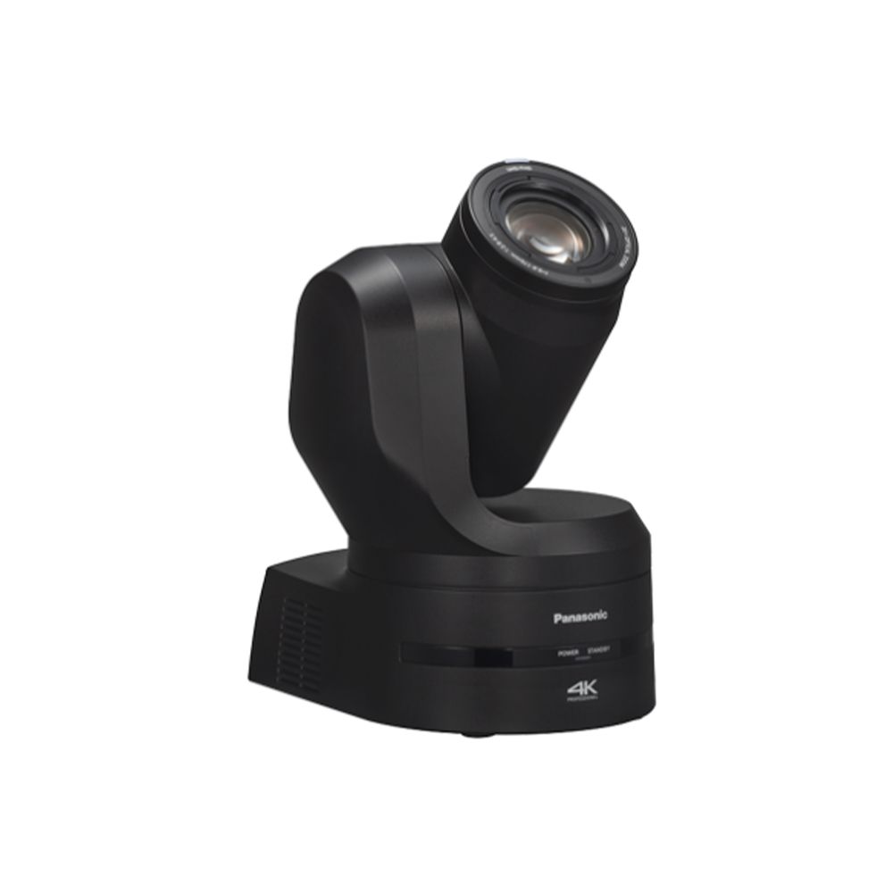 Panasonic 4K PTZ camera in black with a modern, angular design, shown facing slightly upward and to the right against a plain white background.