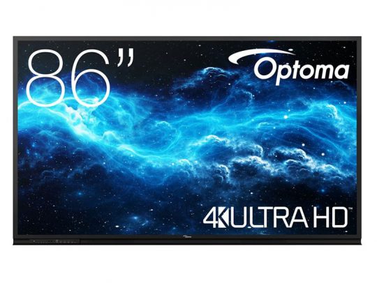 Optoma 86-inch 4K Ultra HD TV displaying a vivid blue and white galaxy on screen, with the text 86, Optoma, and 4K ULTRA HD.
