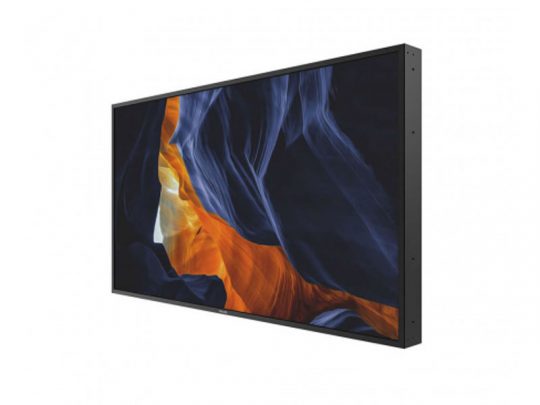 Samsung 55-inch 4K Ultra HD Smart TV angled side view, featuring a slim flat-screen design with minimal bezels, displaying abstract dark blue and orange patterns on the screen against a white background.