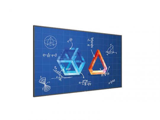 Large digital display screen for education showing mathematical formulas, geometric shapes, and 3D objects on a blue grid background. Ideal for classroom teaching or presentations.