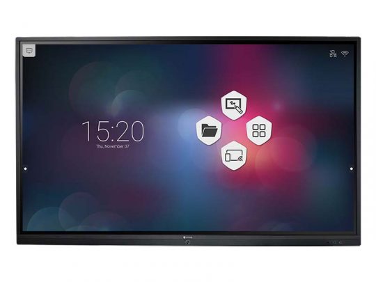 Interactive digital display screen showing the time 15:20 and date Thursday, November 7, with four hexagonal icons for connectivity, files, apps, and wireless sharing on a blurred background. Ideal for office or classroom collaboration.