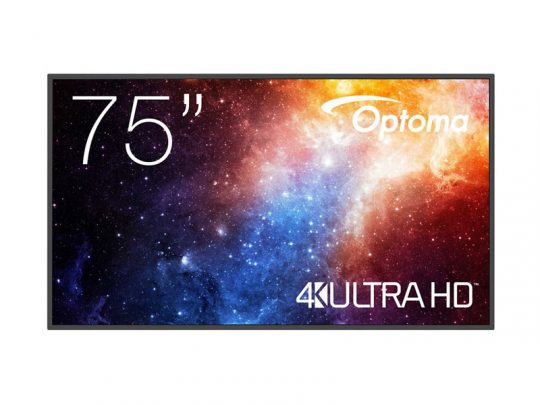 Optoma 75-inch 4K Ultra HD TV showing a bright galaxy-themed image with colorful stars and nebulae on its large, slim screen.