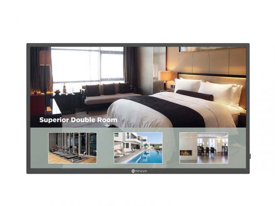 Flat-screen TV displaying a Superior Double Room with a large bed; below, three smaller images show hotel amenities: gym, pool area, and lounge with fireplace. Perfect for travelers seeking modern comfort and luxury accommodation options.