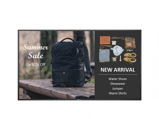 Digital display showing a summer sale ad with up to 60% off, featuring a black backpack on a bench, plus New Arrivals such as water shoes, sleepwear, a jumper, warm shirts, and various travel accessories. Perfect for summer shopping deals and travel essentials.