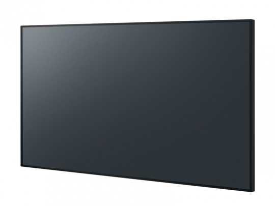 Large flat-screen LED TV with a thin black bezel, viewed from an angle, featuring a dark, blank display. Modern television monitor suitable for home entertainment or office use.