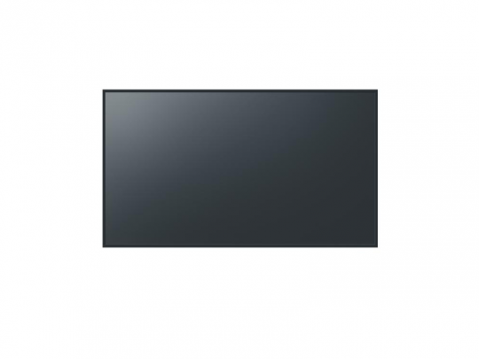 Large flat black TV screen or monitor, powered off, centered against a plain white background with a subtle reflection on the display.