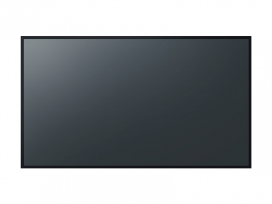 Large rectangular black flat-screen television with a thin black frame, positioned against a white background; the glossy surface is reflective, showing the TV is turned off.