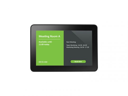 Wall-mounted digital meeting room display for Meeting Room A, showing room availability with a green section stating Available until 11:00 today, a list of upcoming meetings on the right, and a prominent Book Now button.