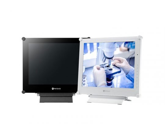 Two medical monitors side by side; the left monitor is turned off with a black screen, while the right monitor displays gloved hands operating a microscope in a laboratory. Medical imaging equipment for lab and clinical use.