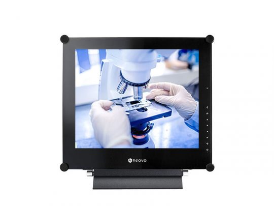Computer monitor displaying a close-up image of blue-gloved hands adjusting a microscope slide in a laboratory, emphasizing scientific research and lab technology.