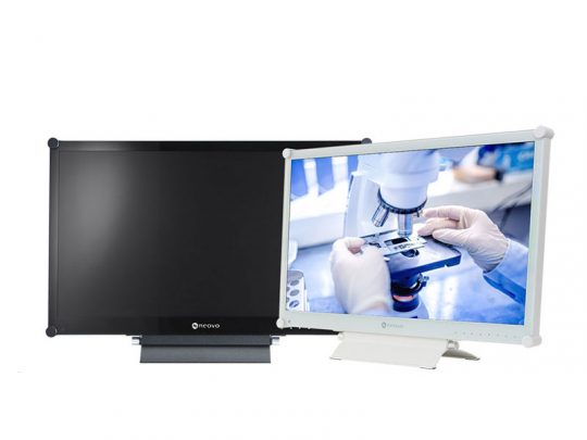 Two computer monitors side by side; the left black monitor is off, and the right white monitor shows a close-up image of gloved hands using a microscope. Ideal for scientific research or laboratory workstations.