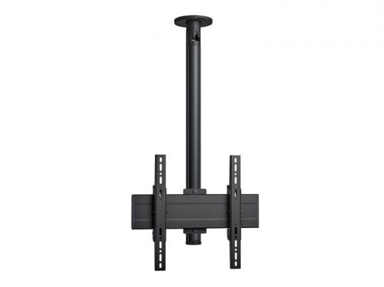 Black metal ceiling TV mount with adjustable pole; features two vertical brackets for secure attachment of a flat-screen television, ideal for suspended ceiling installation. Suitable for various TV sizes and perfect for modern home or office setups.