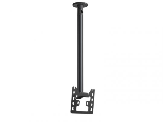 Black adjustable ceiling mount bracket for flat-screen TV or monitor, shown with a long vertical pole and a rectangular mounting plate featuring multiple holes for secure installation. Ideal for suspending TVs or monitors from the ceiling in homes or offices.