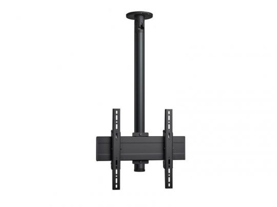 Black ceiling TV mount bracket with adjustable vertical pole and horizontal mounting arms, designed to securely suspend a flat-screen television from the ceiling. Ideal for saving space in homes or offices, this sturdy TV ceiling mount supports various flat-screen sizes.