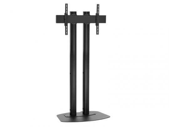 Black metal TV stand with two sturdy vertical support columns, a rectangular flat base for stability, and adjustable mounting brackets designed to securely hold a flat-screen television. Sleek and modern home entertainment furniture suitable for various room setups.